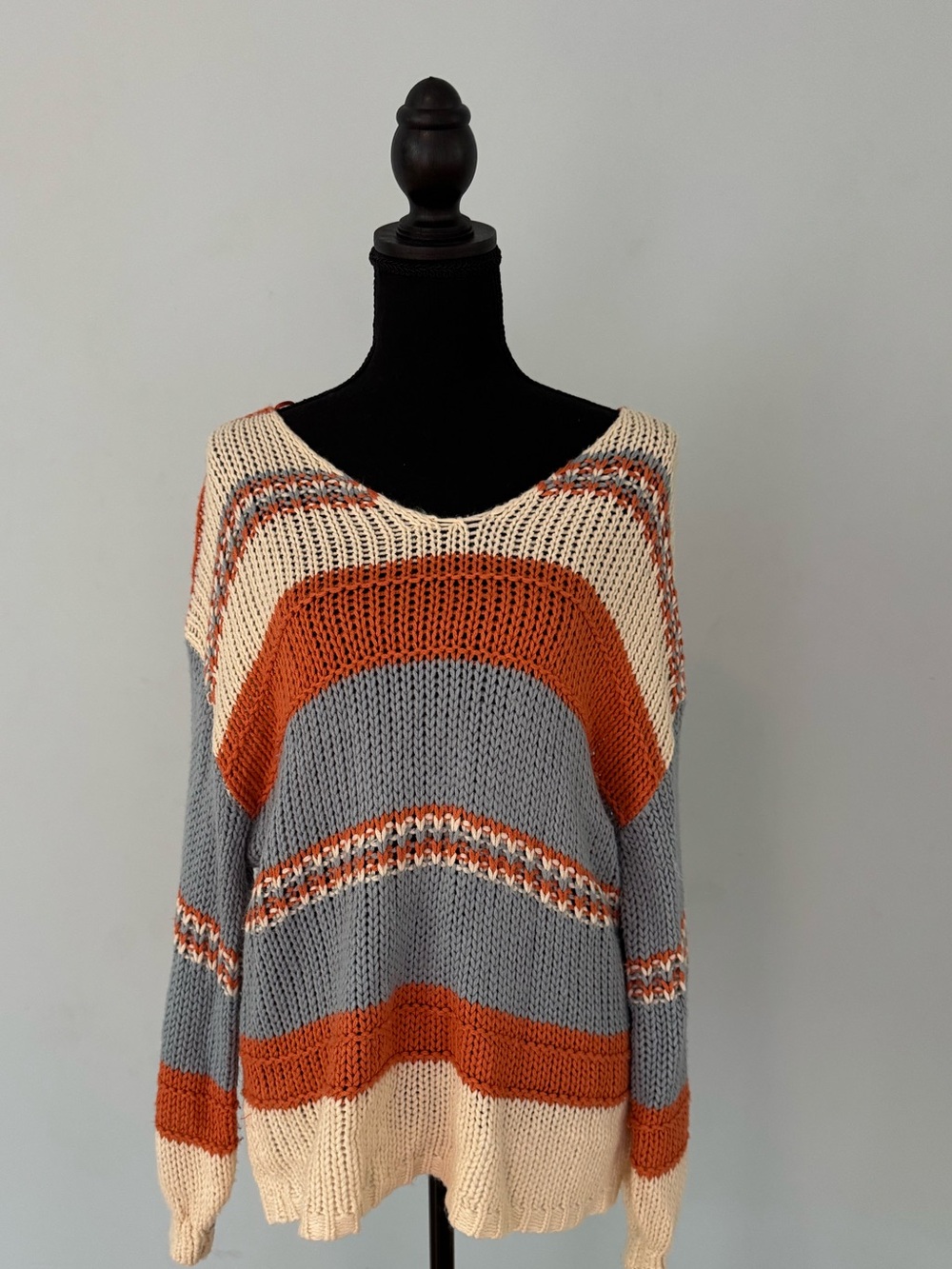 Altar'd State Cream, Gray & Rust Striped Off-Shoulder Sweater